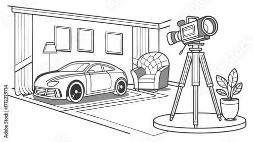 Studio Car Photography Video Production Film Set Modern Interior Vehicle Showcase Automotive Advertising Product Presentation Clean Design Line Art Illustration.