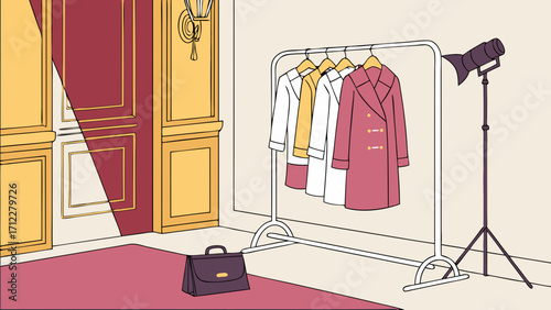 Studio Clothing Rack with Lighting and Accessories Illustration.