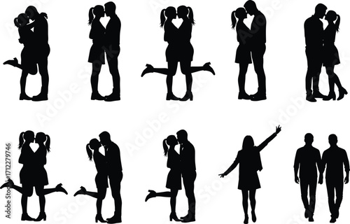 Romantic couple silhouette, love pose vector, hugging and kissing people, black shadow art, emotional relationship, affectionate man woman illustration