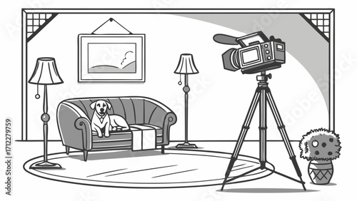 Studio filming of a dog on a couch video production home pet animal video cute canine home interior setting.