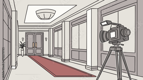 Studio Film Camera on Tripod in Hallway Red Carpet Elegant Interior Design Illustration.
