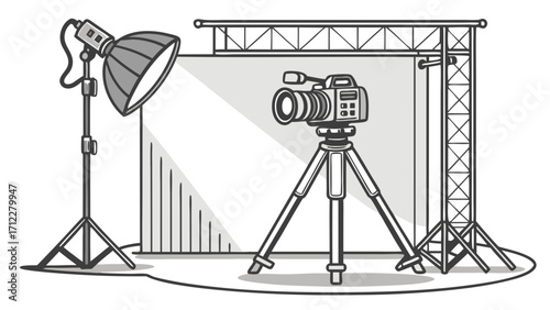 Studio Photography Setup with Camera on Tripod Lighting and Backdrop.