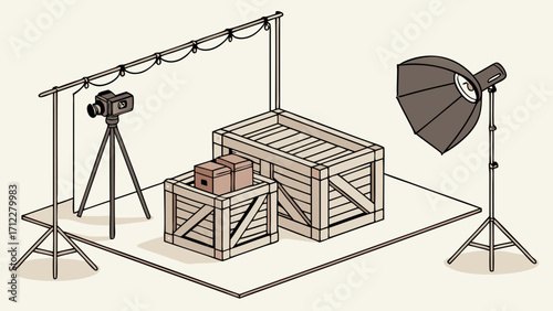 Studio Photography Setup with Camera Lighting and Wooden Crates.