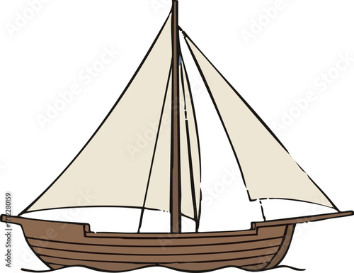 Wooden sailboat sails across the calm ocean waters under a bright sky, evoking a sense of adventure and freedom on the open sea.