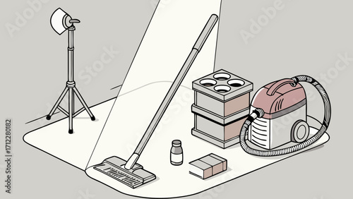 Studio Setup with Cleaning Supplies and Lighting Equipment.