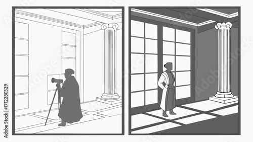 Stylish grayscale illustration of a photographer and a subject in a classical setting.