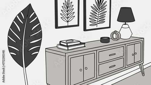 Stylish Home Decor Illustration Console Table with Leaf Prints and Accessories.