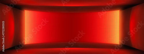 Red LED panel with disco neon effects and OLED screen gradient texture. 3D concert stage or futuristic video wall for club backdrop. Digital pixel grid glowing monitor frame for product display.