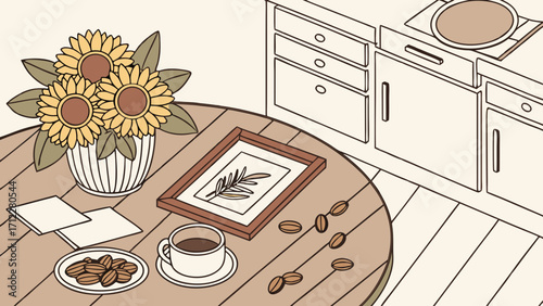 Sunflowers Coffee and Cozy Tabletop Still Life Home Decor Illustration.