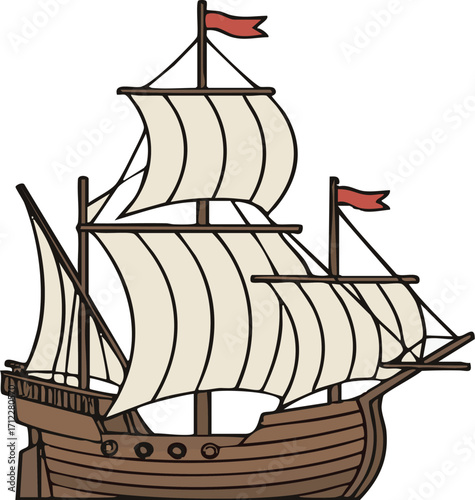 Vintage galleon sailing on open sea during golden hour, creating a sense of adventure and historical exploration with its majestic sails and wooden hull.