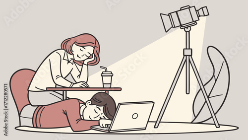 Tired Workers Sleeping at Desk with Laptop and Studio Light Illustration.