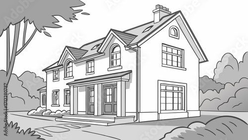Two-story house illustration home exterior design residential architecture drawing suburban house sketch real estate blueprint house plan family home property drawing building facade arc.