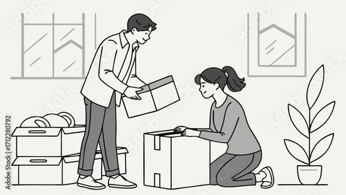 Unpacking Boxes Couple Moving Home Organization Packing Supplies Cardboard Boxes New Home Illustration.