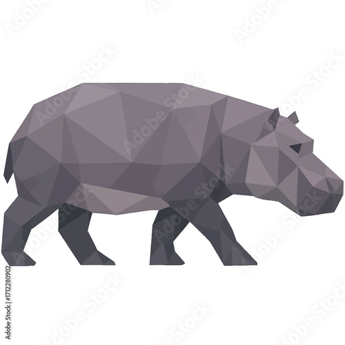 A low poly geometric hippopotamus illustration in muted purple tones.