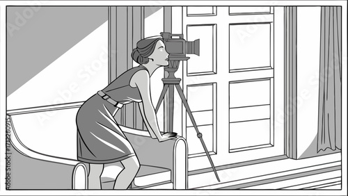 Vintage Woman Operating a Large Format Camera on a Tripod.