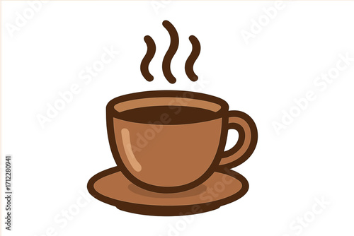 Cartoon coffee cup icon for cafe menu or logo. Simple flat vector illustration of a hot drink with steam. Concept for morning, caffeine break, energy, and beverage. Brown mug.