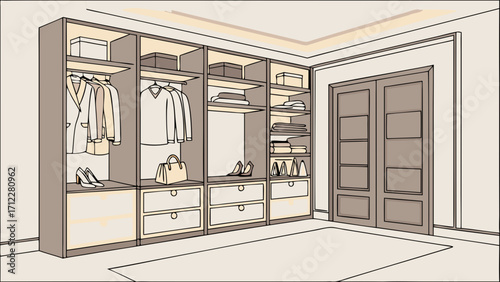 Walk-in Closet Interior Design Organized Storage Modern Wardrobe Clothes and Shoes Illustration.