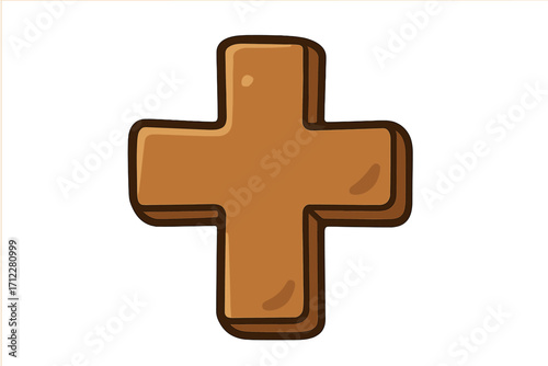 Bronze cross and plus sign vector icon. 3D cartoon illustration of a positive symbol for addition, mathematics, or first aid. Christian religious element. Brown metallic graphic.