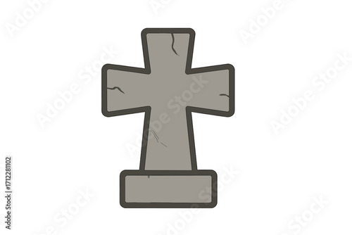 Gravestone cross vector icon. Halloween tombstone illustration. Cartoon grave marker symbol. Cemetery headstone. Death, funeral, and burial concept. Old stone memorial.