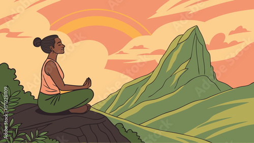 Woman meditating on mountain peak at sunset peaceful yoga pose serene landscape illustration.