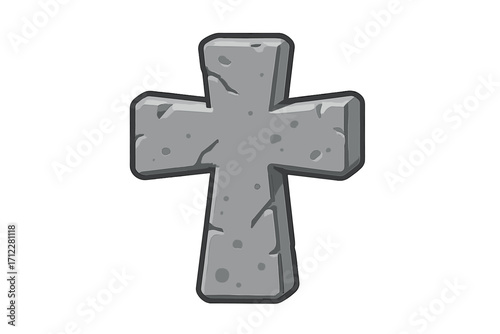 Stone cross vector illustration. Cartoon gravestone icon for cemetery or graveyard. Old gray tombstone monument. Christian religion symbol. Halloween decorative element. Ancient granite crucifix.