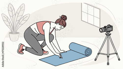 Woman preparing for online fitness class unrolling yoga mat camera on tripod.