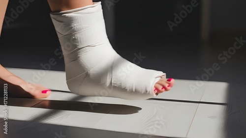 Woman's Foot With White Cast on a Wooden Floor in Sunlight