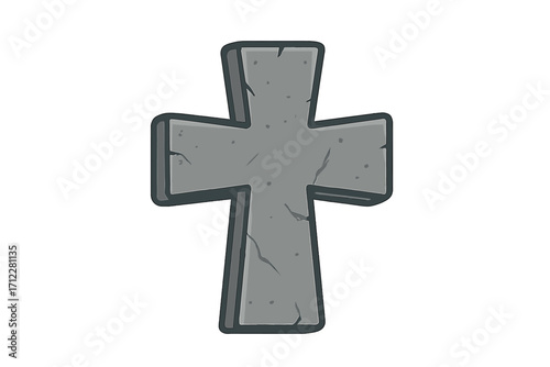 Stone cross vector cartoon illustration. Christian religious symbol. Cemetery gravestone or tombstone. Holy grave marker icon with cracked texture for death, burial or Halloween.