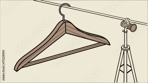 Wooden Clothes Hanger Hanging on a Rod with a Tripod Light Stand Nearby Studio Still Life Illustration.
