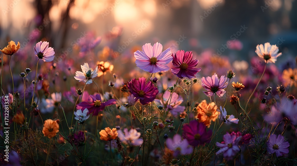 Obraz premium Romantic, breathtaking photograph of a field of colorful wildflowers during a hazy, golden sunset, the sun's rays creating a beautiful, warm flare and silhouetting the flowers in a magical atmosphere.