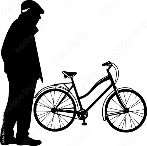 Silhouette of Person Standing Beside Vintage Bicycle – Minimalist Reflective Scene