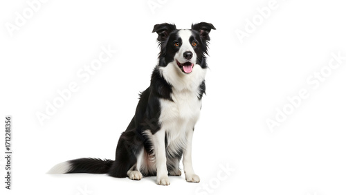 Adorable black and white Border Collie dog sitting patiently on an isolated white background.