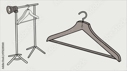 Wooden Clothes Hangers on a Stand Studio Lighting Setup Clothing Display Apparel Illustration Fashion Design Element.