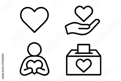 Charity and donation line icon set. Volunteer, giving, love concept. Heart in hand, person holding heart, and donation box. Philanthropy, help, and support symbol. Vector.