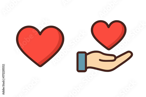 Heart in hand icon set. Love, charity, donation symbol. Metaphor for giving, kindness, help, support, and compassion. Vector for volunteering, health care, valentine.