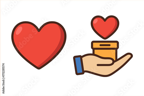 Donation and charity concept. Hand holding a contribution box with a red heart. Vector icon for volunteering, philanthropy, social work. Symbol of love, kindness, and help.