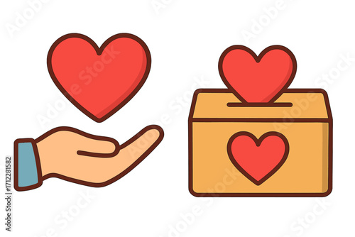 Donation and charity vector icon set. Hand giving love heart symbol and donation box. Concept of volunteering, help, social aid, compassion, support, and hope. Linear illustration.