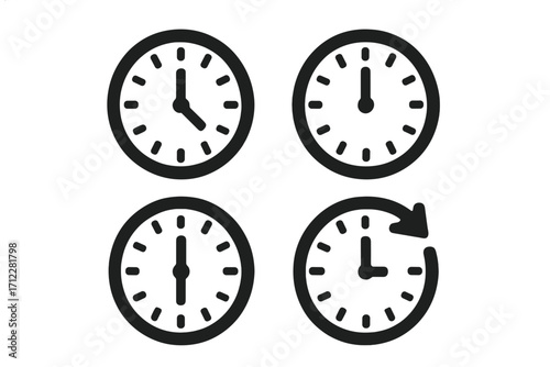 Clock icon set. Time sign silhouette. Vector illustration. Watch face with hour and minute hands. Timer symbol for deadline, schedule, and time management. 24 hours concept.