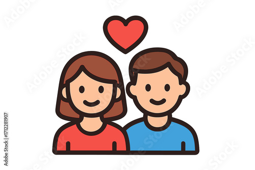 Couple icon with heart sign. Man and woman characters in love. Romantic relationship, affection, dating concept. Partnership symbol. Simple flat style vector cartoon illustration.