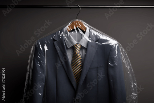 Tailored suit hanging in dry cleaning plastic at a shop