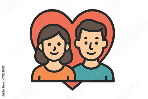 Couple in love icon with heart symbol. Man and woman relationship concept. Romantic dating sign for Valentine's day. Happy people avatar. Flat cartoon vector illustration.