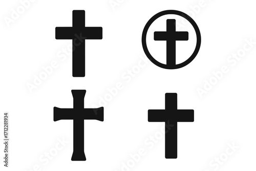 Set of black Christian cross icons. Religious symbol collection. Catholic crucifix silhouette pack. Vector graphic for faith, spirituality, and church design elements.