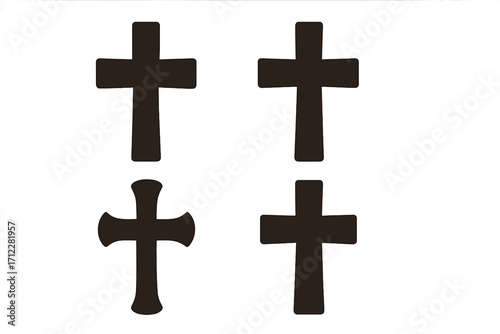 Set of black christian cross silhouettes. Vector icon collection of different religious crucifix shapes. Symbol of faith, catholicism, and christianity for church design.