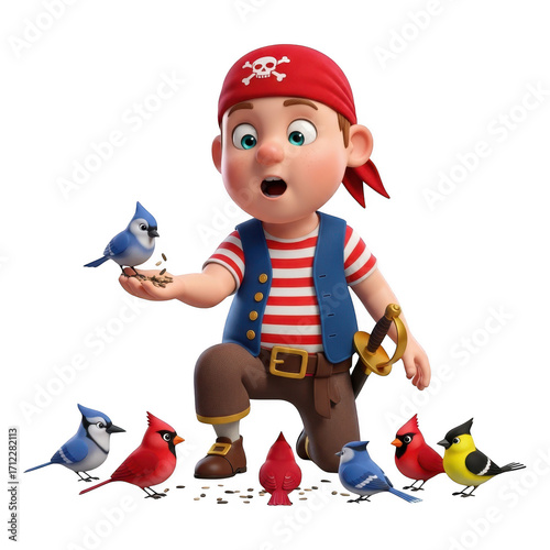 Adorable cartoon pirate boy shares his treasure with friendly birds in a whimsical scene