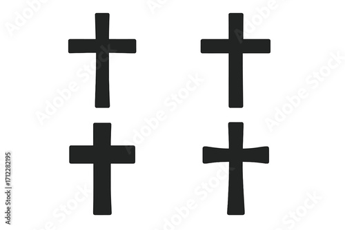 Christian cross icon set. Black silhouette collection of religious symbols. Vector graphic illustration of faith signs. Protestant and Catholic crucifix shapes for design.