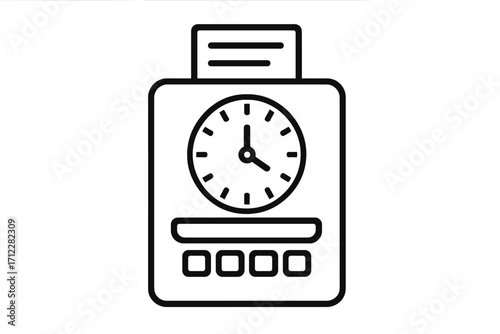 Time clock icon. Punch clock for employee attendance and work time tracking. Office equipment for payroll and hour management. Vector line art symbol. Simple flat illustration.