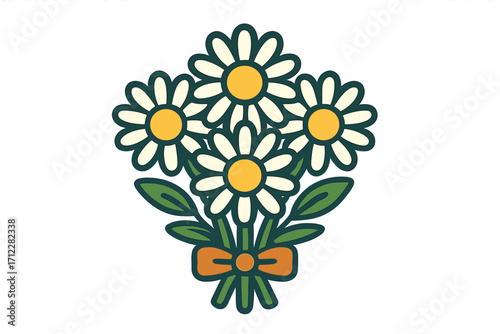 Daisies bouquet icon. Cute vector cartoon illustration of a bunch of chamomile flowers. Simple flat floral graphic for a gift, greeting or decoration. Isolated design element.