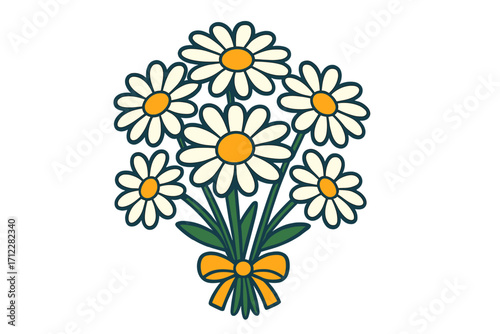 Daisies bouquet icon. Vector cartoon illustration of chamomile flowers. Floral bunch with bow for gift or celebration. Spring summer nature graphic element. Isolated design.