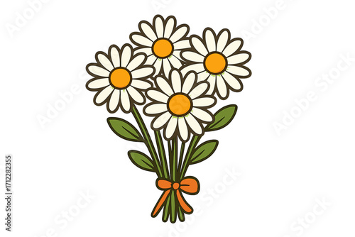 Daisy bouquet vector illustration. Cute cartoon chamomile flower bunch icon with bow tie. Spring summer floral graphic element for greeting card design. Isolated on transparent background.