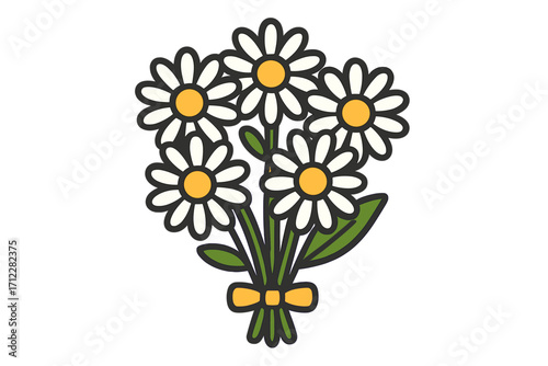 Daisy bouquet icon flat cartoon vector illustration. Spring flowers symbol. Chamomile blossom for greeting card, gift, love. Cute floral design element. Natural plant bunch.